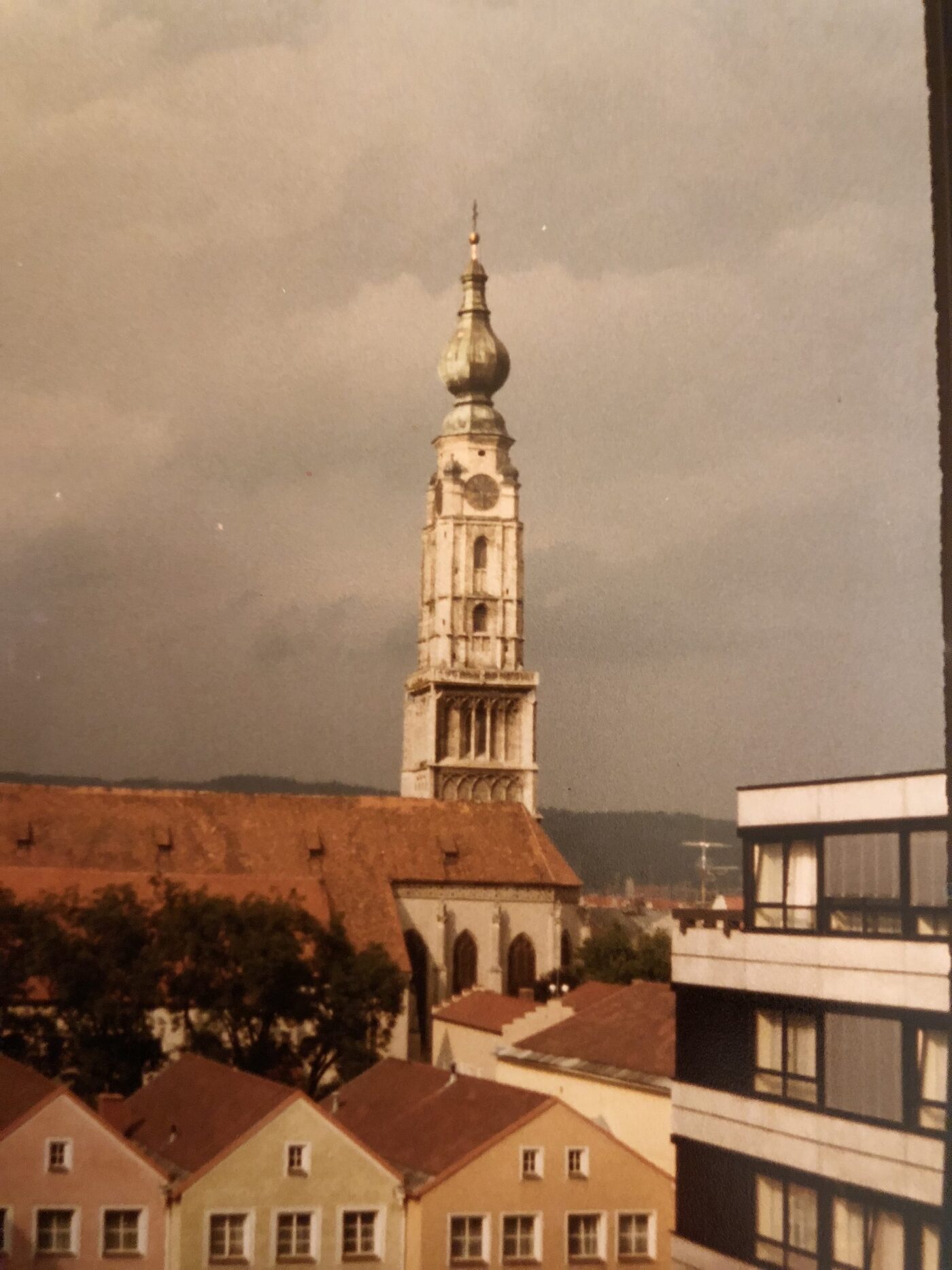 Braunau am Inn church tower — the Austrian town where Daniel Harner was born