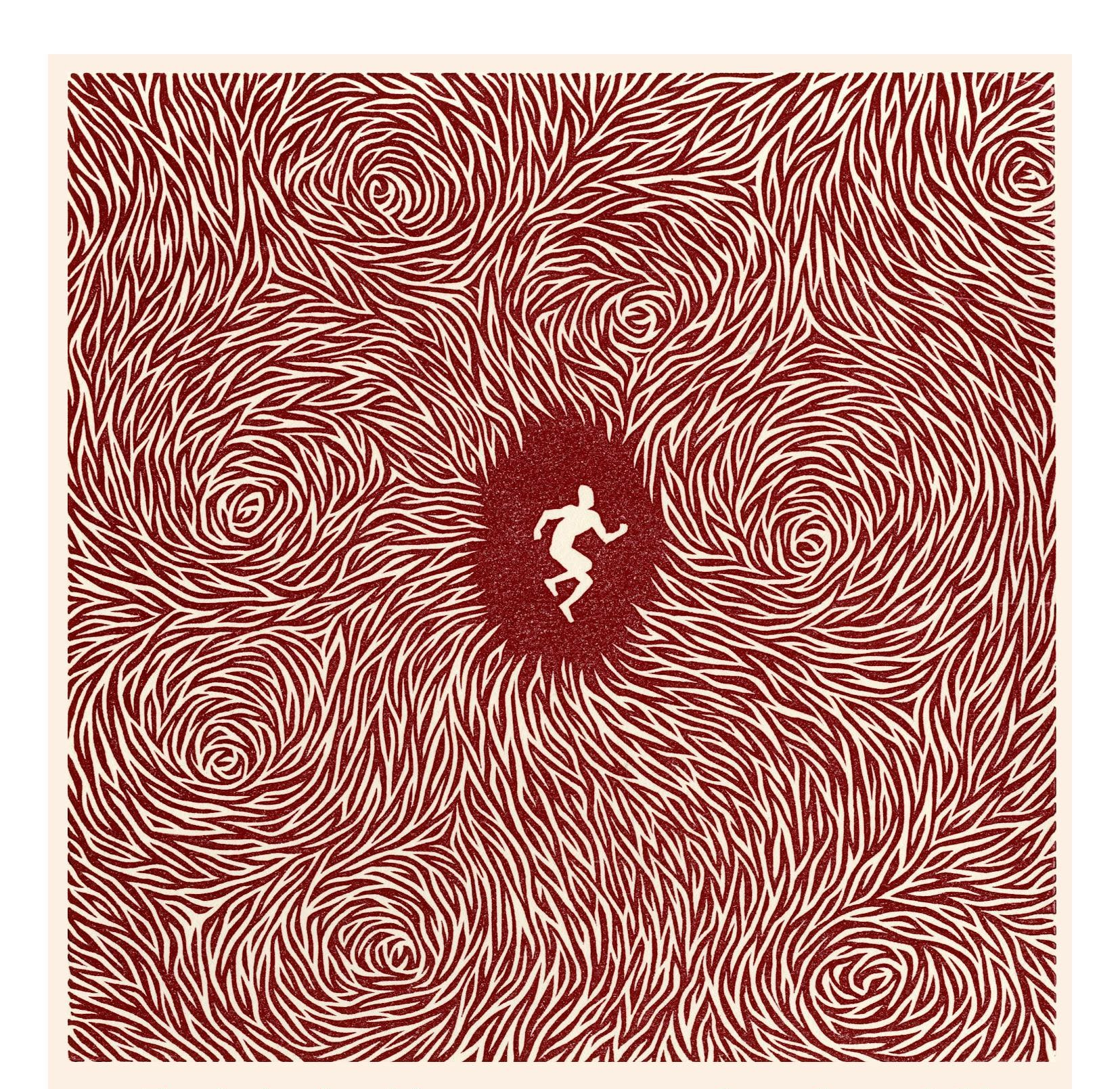 Red linocut print of a lone figure at the still center of a swirling field of marks
