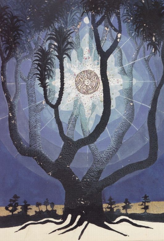 Painting of a tree rooted in dark earth, its branches opening to a radiant mandala of light against a deep blue sky
