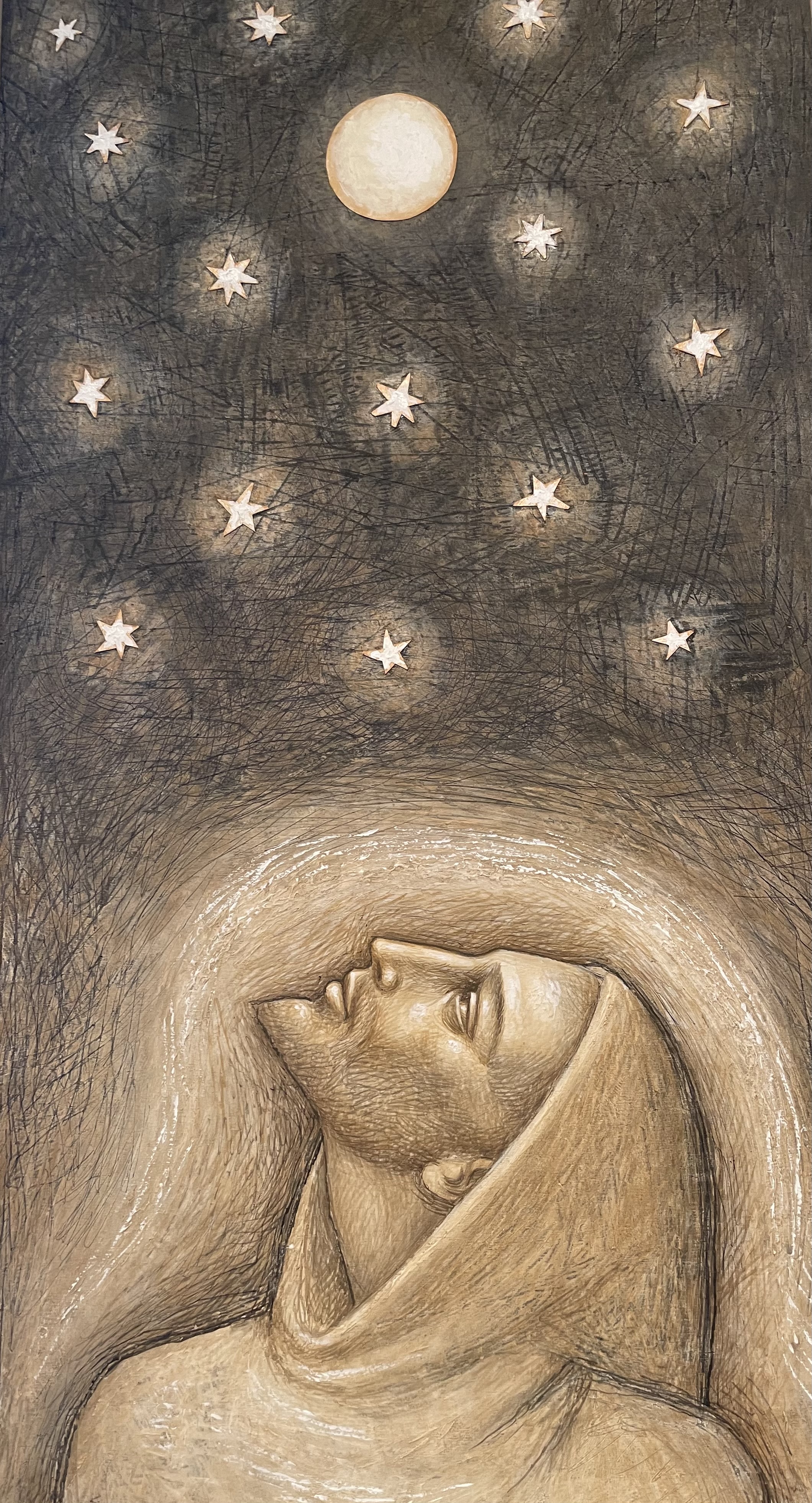 Sepia relief of Saint Francis, face turned upward beneath the moon and stars, receiving the Canticle of the Creatures